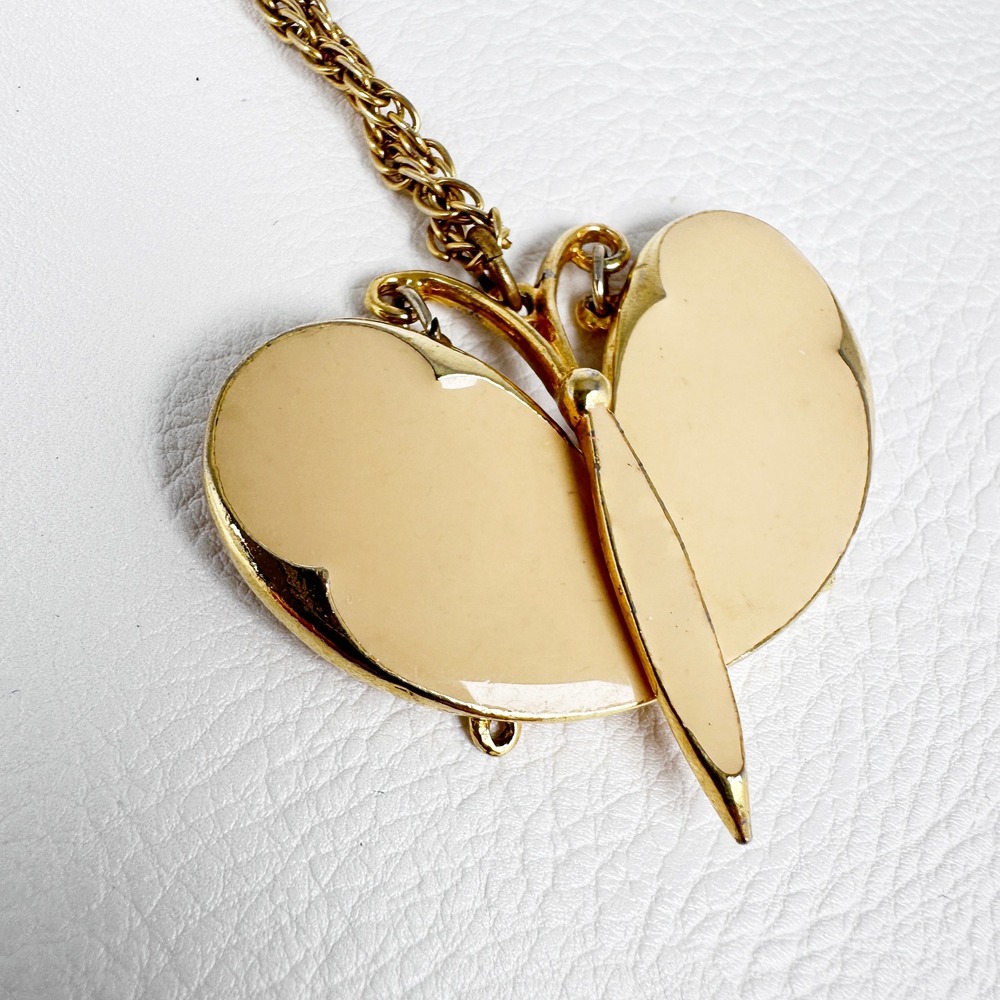 Vintage Gold Tone Enamel Butterfly‎ Necklace Movable Ivory Pendant 24" Chain - Picture 5 of 7